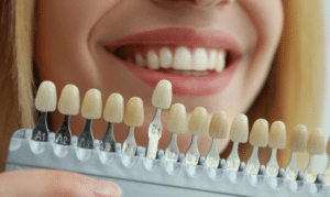 Dental shade guide showing tooth color options for cosmetic smile enhancement.