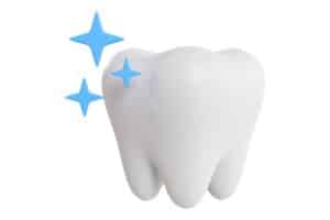 Bright white tooth with sparkling stars symbolizing teeth whitening results.